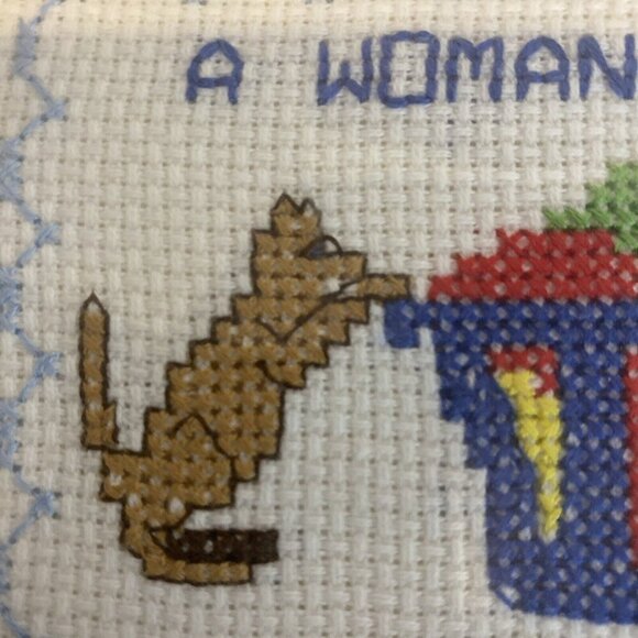 VTG Cross Stitch A Woman’s Work Is Never Done Cat Laundry Framed Picture 6 x 8” - Picture 7 of 8